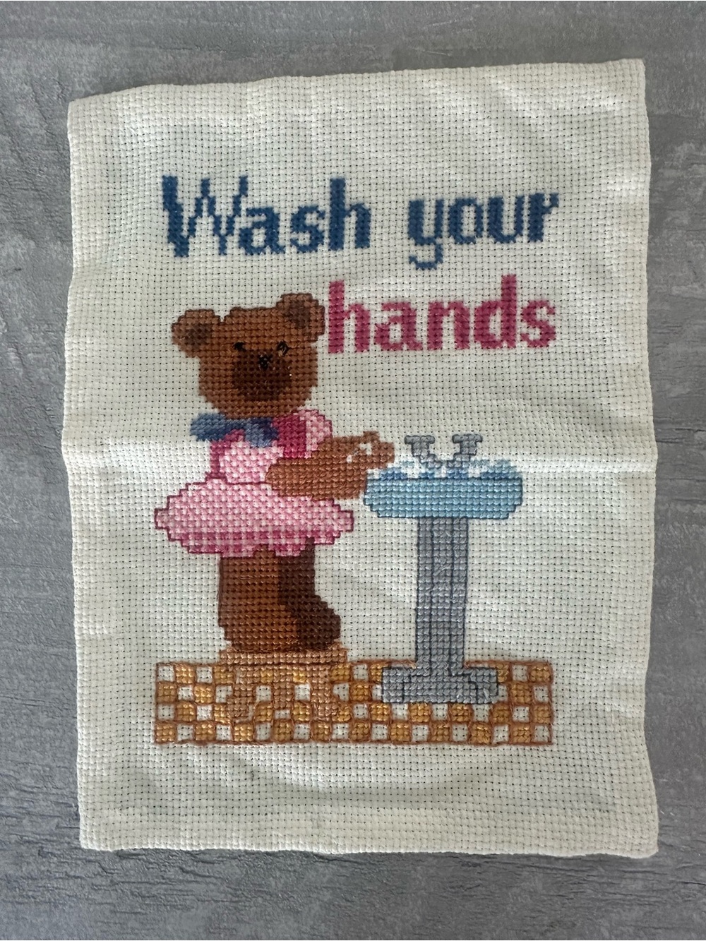 Vintage Bucilla Gallery Of Stitches Wash Your Hands Cross Stitch Completed